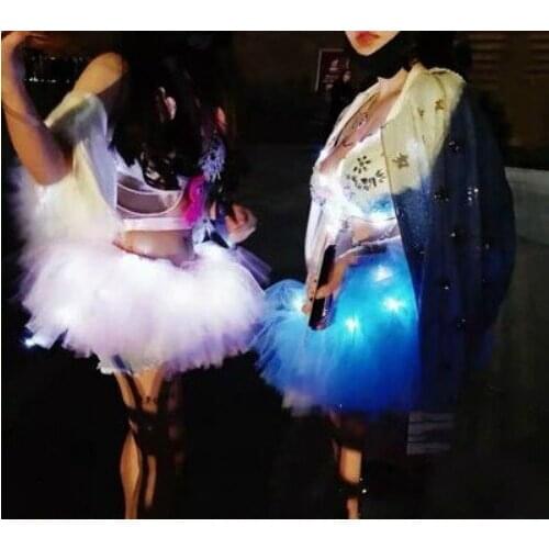 New Year Light Short Dance Fluffy Girl Bar LED Tutu Skirts Ball Gown T-show Tulle Skirt Birthday Luminous Party Clothes Dress