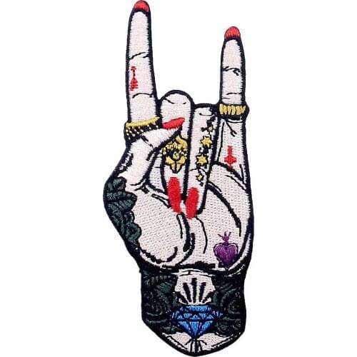Tattoo Hand Symbol Finger Sign Embroidered Biker Iron on Patches Rock and Roll Motorcycle Colorful for Applique Jackets Shirts