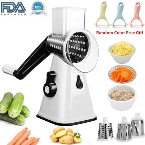 2020 3 in 1 Vegetable Mandoline Slicer Swift Rotary Drum Grater Nut Shredder Veggie Cutter Peeler Spiralizer Cheese Chopper