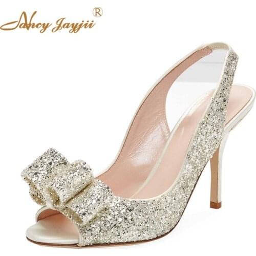 Slingbacks Shoes Lady Woman Pumps Peep Toe Butterfly-knot Slip-On Super High Thin heels Party Sweet Fashion Elegant Sexy 2019