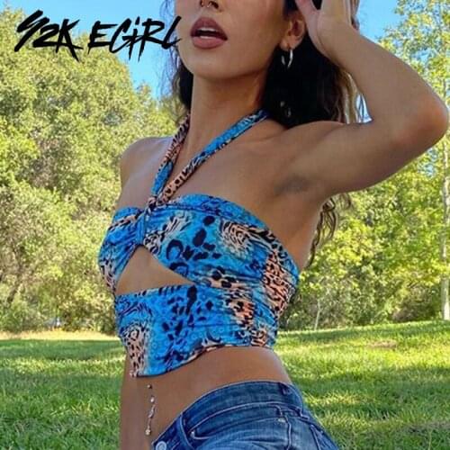 Y2K EGIRL Ruched Leopard Hollow Out Girls Halter Tops Sleeveless Fashion Club Party 90s Streetwear Crop Tank Top Summer 2020 Hot