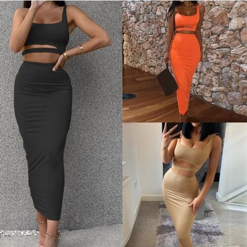 Solid Two Piece Set Women Sleeveless Sexy Slim sling Vest Top+Long Skirts Bodycon Outfits for Woman Office Lady Suits Set 2021