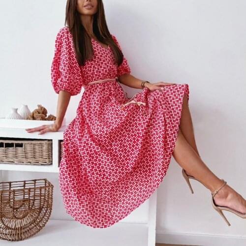 Women Summer V-neck Casual Dress Loose Printed Puff Sleeve Summer Mid-calf Dress for Outdoor Loose Sundress Ladies Vestidos