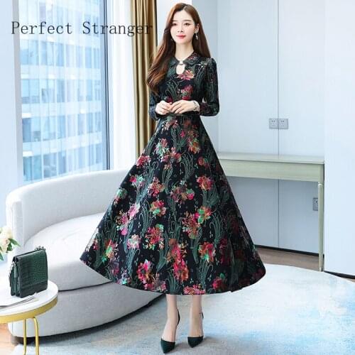 2021 Winter Autumn New Arrival High Quality Retro Peter Pan Collar Flower Print Long Sleeve Collect Waist Women Long Dress