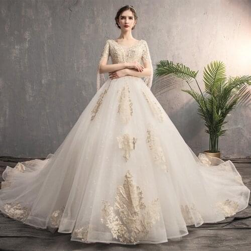 Luxury Champagne Lace Wedding Dress 2021 New Deep V Neck Bride Ball Gown Shining Beading Sequins Vestido De Novia Custom Made