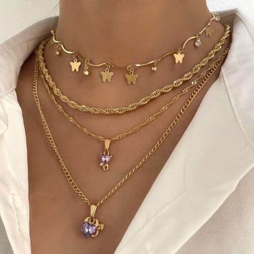 Flatfoosie Vintage Multilayer Butterfly Pendant Necklaces for Women Gold Color Heart Crystal Twisted Chain Necklace Boho Jewelry