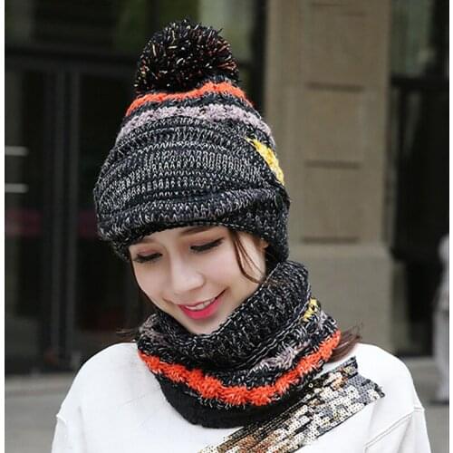 Winter Ski Knitted Cap Women outdoor Sport Running Hiking Hat Girls Detachable Warm Scarf Hats