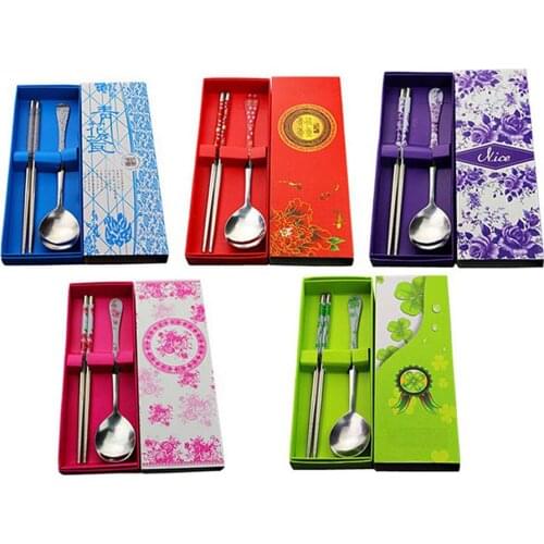 2pcs/set Kitchen Accessories Tableware Dinnerware Set Clover Flower Printed Pattern Stainless Steel Chopstick And Spoon Set