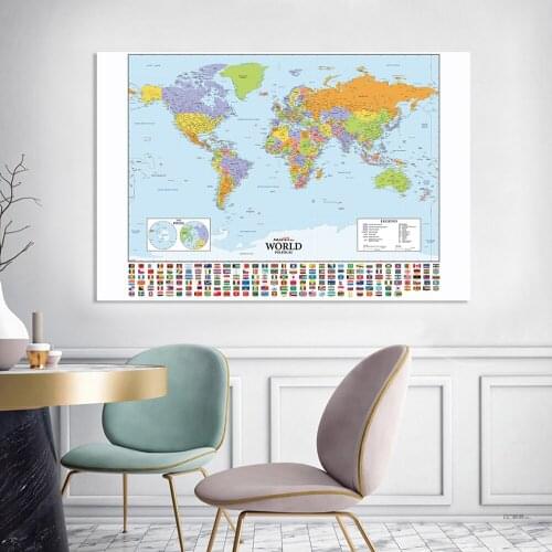 225*150cm The World Political Map with National Flags wall Poster Non-woven Canvas Painting Home Decor Kids School Supplies