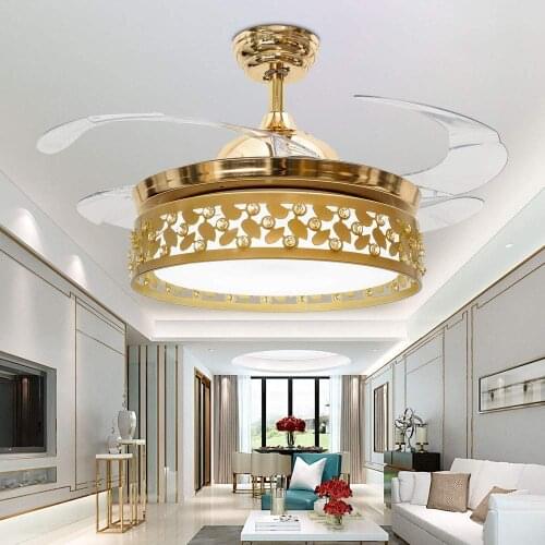 42 Inch Invisible Gold Ceiling Fans with LED Light and Remote Control, 4 Retractable ABS Blades Fandelier for Bedroom Diningroom