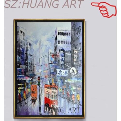 Free shipping High Quality abstract knife painting- Hong Kong street 100% hand painted on canvas no framed