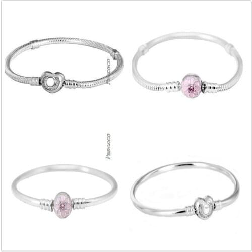 Authentic 925 Sterling Silver Bracelet Wishful Heart With Crystal Snake Chain Bangle Fit Bead Charm Diy Pandora Jewelry