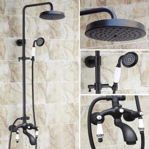 Black Oil Rubbed Bronze Wall Mounted Bathroom 7.7" Rainfall Shower Faucet Set Bath Tub Water Tap Dual Ceramics Handles ahg138