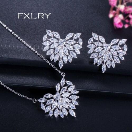 FXLRY Romantic Jewelry White Color Cubic Zircon Peach heart Necklace Earrings For gril to gift Jewelry Set