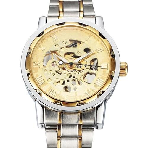 Hot Sale Men Skeleton Roman Numerals Hollow Dial Stainless Steel Band Mechanical Watch