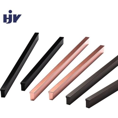 HJY Rose Gold Furniture Kitchen Handles Cabinet Knobs Black Handle Modern Simple Line Handle Hole Distance 64/128mm A057