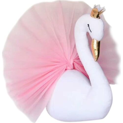 Quality Cute 3D Golden Crown Swan Wall Art Hanging Girl Swan Doll Stuffed Toy Animal Head Wall Decor For Kids Room Birthday Wedd