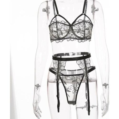 Lace Sexy Bra and Panty Set Women See Through Mesh Underwear Lingerie 3 Pieces Transparent Sex Erotic Costume Under Wear Femme