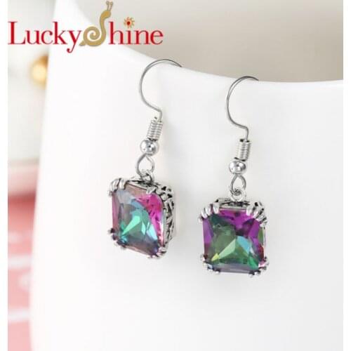 Luckyshine Newest Silver Plated Unique Square Rainbow Mystic Cubic Zirconia Stone Drop Earrings Wedding Earrings