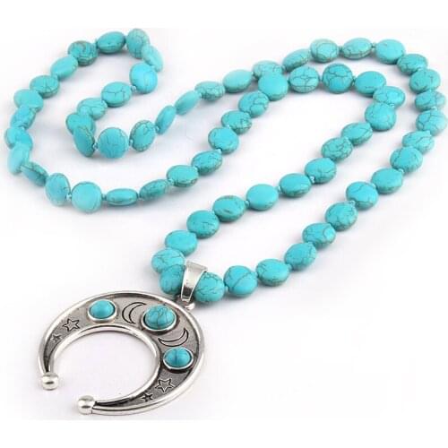 Fashion Bohemian Tribal Artisan Jewelry Knotted Flat Blue Stones Bead with Moon Star, Cross, Cactus Charm Pendant Lady Necklace