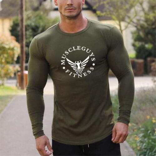 MUSCLEGUYS FITNESS Printed T-shirt Mens Casual Long Sleeve Tee Long Sleeeve Male Slim Basic Tee Shirts Mens Tops