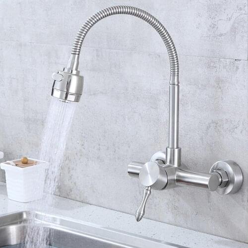Wall Mounted Stainless Steel Brushed Single Universal Pipe Kitchen Hot And Cold Water Faucet Sink Ceramic Spool