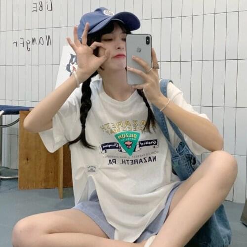 2021 summer new style loose Han Fan was thin unilateral split mid-length short-sleeved printed T-shirt women