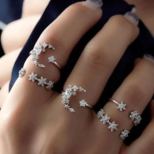 New Bohemian 5-piece Rhinestone Set Ring Female Star Moon Crystal Ring Gothic Wedding Rings Jewelry Rings For Women Wholesale