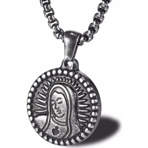RIR Stainless Steel Vintage Color Virgin Mary Round Pendant Necklace Exquisite Catholic Medal Jewellery Necklaces Gift For Man