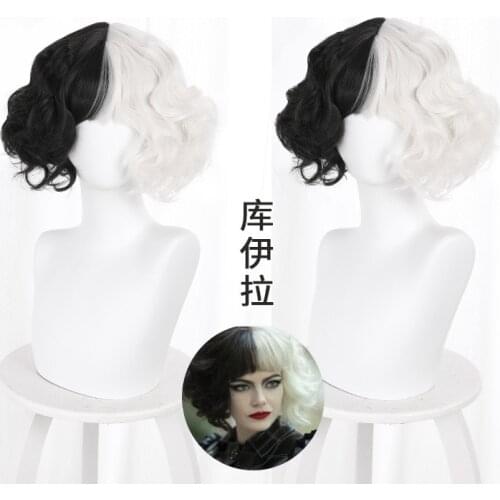 Movie Cruella de Vil Cosplay Wig Short Black White Hair Woman Cruella Curly Wave Retro Girl Costume Wigs Anime Halloween Party