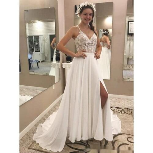 Sexy Split Wedding Dress Spaghetti Straps Chiffon Bridal Gowns Criss-Cross Back Court Train Formal Dress Vestido De Noiva Mariee