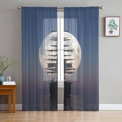 Full Moon Sea Boat Shadow Window Treatment Tulle Modern Sheer Curtains for Kitchen Living Room the Bedroom Curtains Decoration