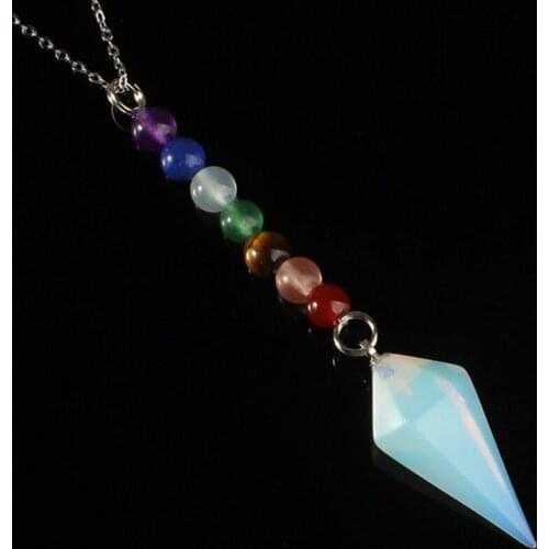 Trendy-beads Silver Plated Opalite Opal Hexagon Pyramid 7 Round Beads Chakra Pendant Necklace Fashion Jewelry