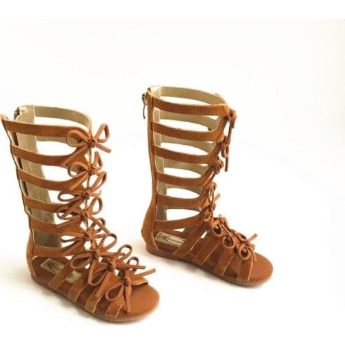 Genuine Leather Girls Gladiator Sandals Suede Leather Bow Children Roman sandals Summer Kids Beach Shoes