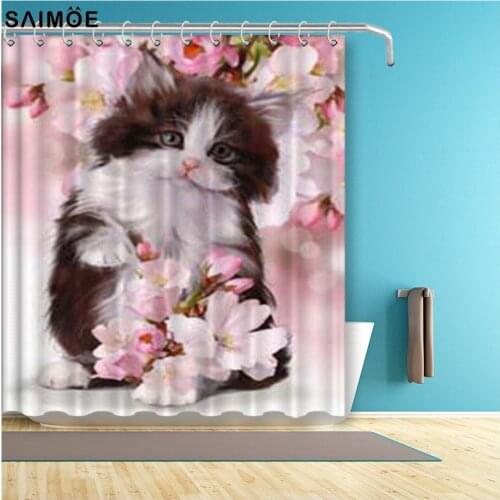 Cute Cat Kitten Watercolor Shower Curtains Pink Flowers Waterproof Polyester Bathroom Curtain Fabric for Bathtub Decor Shower