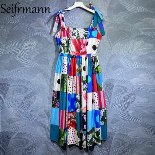 Seifrmann New 2021 Summer Women Fashion Runway Cotton Dress Sexy Spaghetti Strap Bow High Waist Floral Print Ladies Midi Dresses