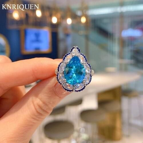 2021 Trend 10*14mm Water Drop Aquamarine Gemstone Lab Diamond Party Rings for Women Charms Wedding Fine Jewelry Gift Wholesale