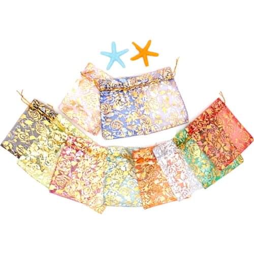 9*12cm Fashion multi-color Rose Organza Jewelry Wedding Gift Pouch 100Pcs/Lot Draw String Candy Birthday Party New Year Holiday