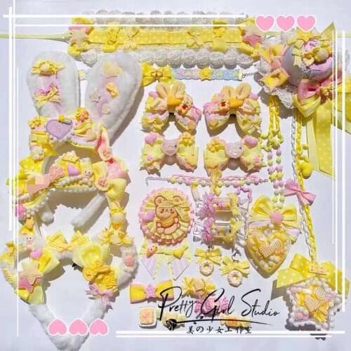 Pink Sweet Lolita Hair Accessories Rabbit Ear Bear Ear Side Clip Badge Necklace with AP Gift