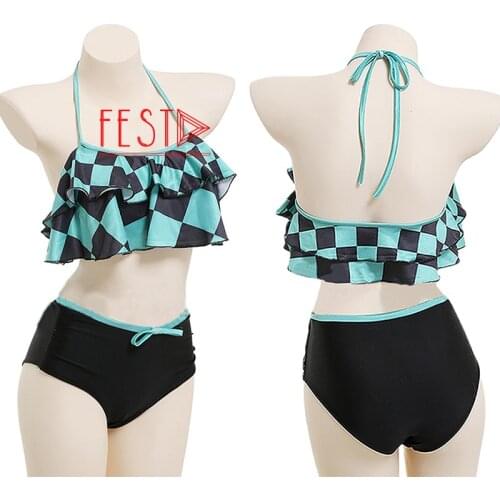 Anime Demon Slayer Swimsuit Kamado Tanjirou Cosplay Costume Woman Bikini Kimetsu No Yaiba Train Mugen Swimwear Bathing Suit Girl