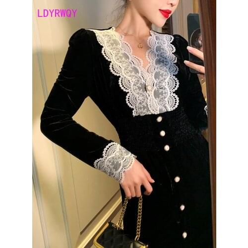Black velvet lace dress 2021 new autumn/winter French retro Polyester Office Lady Sheath Zippers Knee-Length