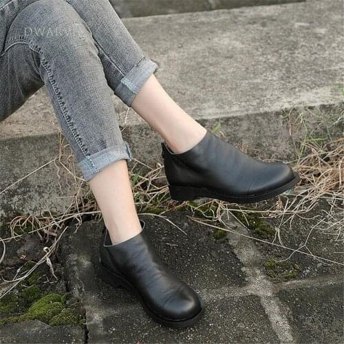 Handmade Leather Ankle Booties Platform For Women Chunky Heel Work Combat Boots Black/Coffee