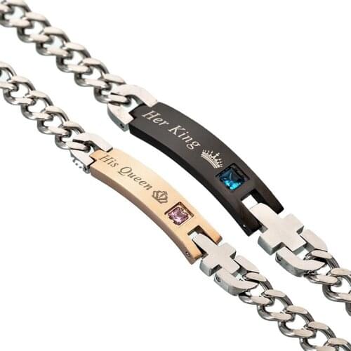 2 Style His Queen Her King Black Rose Gold Color Womens Male Chain Crystal Couple Bracelet for Men Femmo on Hands Jewelry