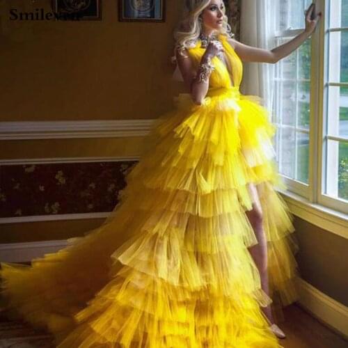 Smileven Princess Prom Gowns High Low Tiered Puff Tulle Long Evening Dress Deep V Neck Prom Party Dresses Custom Made