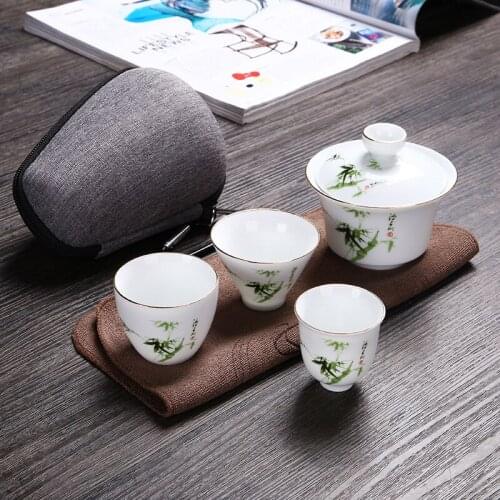 Travel Bag Chinese Kung Fu Teaset gaiwan teapot teacups fair mug tea sets white ceramic puer Tea Drinkware Free shipping