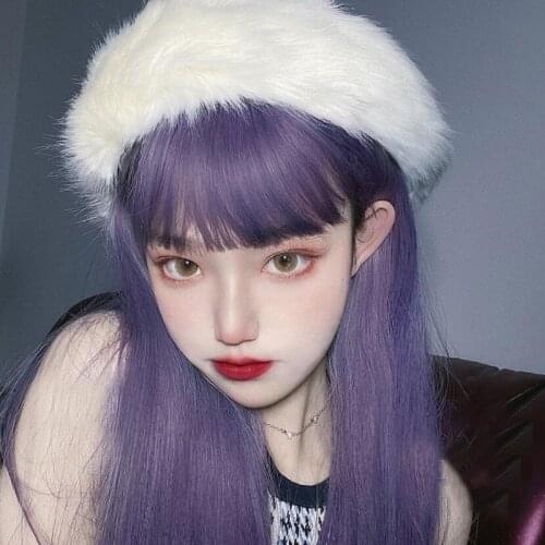 Harajuku Purple Lolita Wig 45cm Long Straight Cool Synthetic Hair Fringe Bangs Adult Women Girls