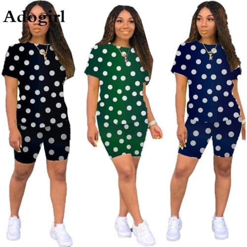 Adogirl Polka Dots Print Two Piece Set O Neck Short Sleeve T Shirt Top + Shorts Pants Women Sportwear Tracksuit Plus Size S-3XL