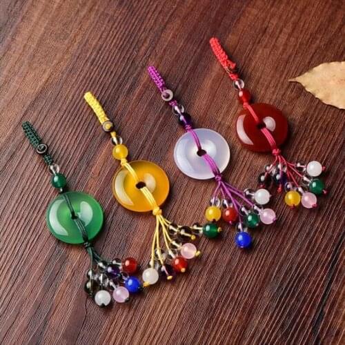 Natural Agates Stone Round Pendant Handmade Rainbow 7 Chakra Keychains Key Ring Key Holder for Women Men Car Bags Accessories