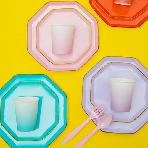 Multicolor Disposable Tableware Sets Pink Green Solid Color Paper Plate Cups Napkins Wedding Birthday Party Decoration Supplies