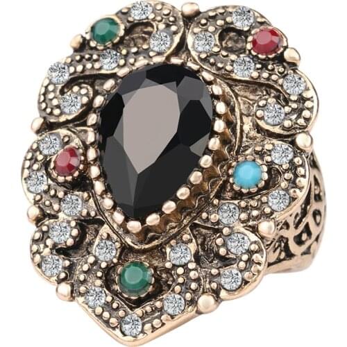 Fashion Vintage Engagement Rings Black Water Drops Resin Mosaic AAA Crystal plated Ancient Gold Jewelry 2016 New Free Shipping